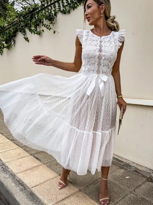 Elegant Lace Stitching Midi Long DressDressesvariantimage2Elegant-Lace-Stitching-Midi-Dress-Woman-Summer-Fashion-Solid-White-Mesh-Party-Dresses-For-Women-2022