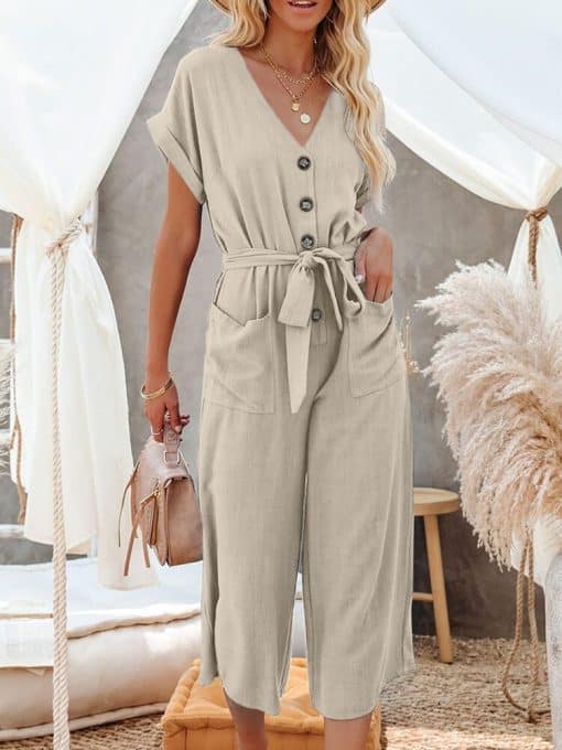 Women’s Summer Casual Fashion V Neck Rompers JumpsuitsSwimwearsvariantimage2Loose-Jumpsuit-for-Women-Summer-Casual-Beach-Style-Fashion-V-Neck-Rompers-Short-Sleece-Belted-Mid