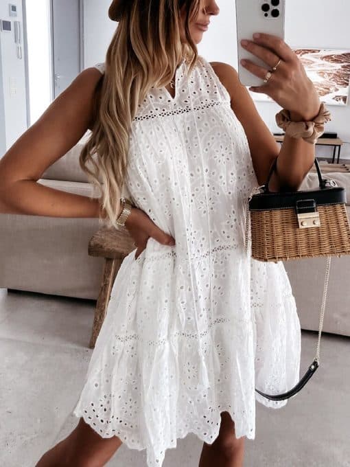 Women’s Chic Embroidery Hollow Out Lace White DressDressesvariantimage2Women-Chic-Embroidery-Hollow-Out-Party-Dress-Summer-Elegant-V-Neck-Short-Sleeve-A-Line-Dresses