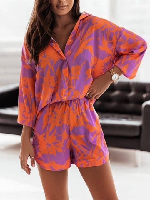 Two Piece Set Female Casual OutfitsDressesvariantimage3Print-Shorts-Suits-Woman-Vintage-Long-Sleeve-Shirt-And-Short-Pants-Suit-Two-Piece-Set-Female