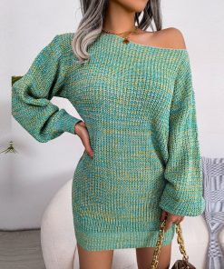 New Women’s Autumn Winter Casual Knitted Sweater DressTopsmainimage02022-New-Women-Autumn-Winter-Casual-One-Line-Neck-Off-The-Shoulder-Colorful-Lantern-Sleeve-Knitted