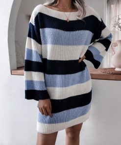 Autumn Winter Striped Knitted Sweater DressDressesmainimage0Autumn-Winter-Women-One-Neck-Strapless-Oversized-Contrast-Striped-Knitted-Sweater-Chic-Dress-For-Fashion