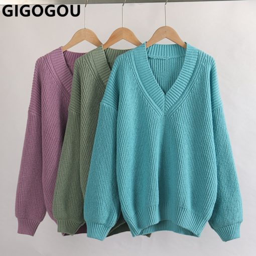 Autumn Winter Knitted Women’s Pullover SweatersTopsmainimage0GIGOGOU-Autumn-Winter-Knitted-Women-Pullover-Sweater-Thick-Warm-V-Neck-Casual-Jumper-Oversized-Soft-Loose