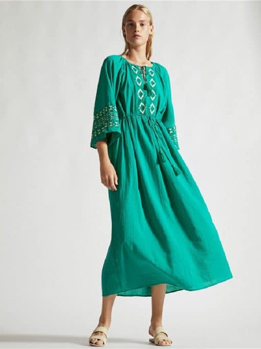 Green Bohemian Printed Lace Up High Waist Long Dress – Miggon