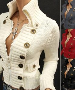 Women’s Button Design Knitted Cardigan SweatersTopsmainimage0Vintage-Sweater-Women-Button-Desigan-Long-Sleeve-Knitted-Cardigan-Jackets-2021-Autumn-Fashion-Knit-Turtleneck-Zipper