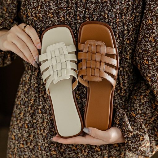 New Fashion Summer Women’s SlippersSandalsmainimage1New-Summer-Women-Slippers-Square-Toe-Braided-Flat-Bottom-Females-Sandals-Fashion-Leisure-Solid-Breathable-Non