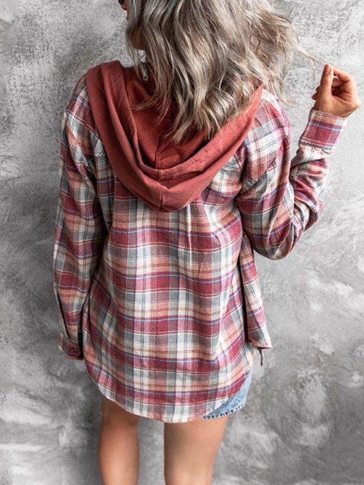 Women’s Hooded Button Up Plaid ShirtsTopsmainimage22022-Autumn-Plaid-Shirt-Women-Hooded-Button-Up-Shirt-Female-Ladies-Loose-Checkered-Shirt-For-Women