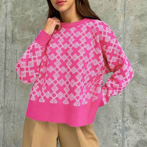 Women’s Checkered Print Knitted SweatersTopsmainimage3Women-Checkered-Print-Knitted-Sweater-Pullovers-Female-Casual-O-Neck-Tops-2021-Spring-Autumn-Fashion-Long