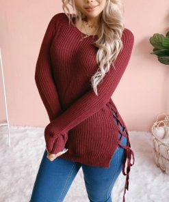 Women’s Autumn Fall Winter Knitted Fashion Sexy SweatersTopsvariantimage0Autumn-Knitted-Sweaters-Women-Sexy-O-Neck-Solid-Split-Cross-Bandage-Long-Sleeve-Pullover-Tops-Female