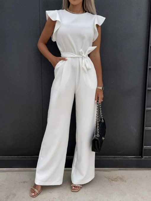Summer Fashion Waist Lace-up Casual JumpsuitsSwimwearsvariantimage0Summer-Fashion-Waist-Lace-up-Party-Wide-Leg-Pant-Women-Elegant-Solid-Ruffle-Sleeve-Jumpsuit-Casual