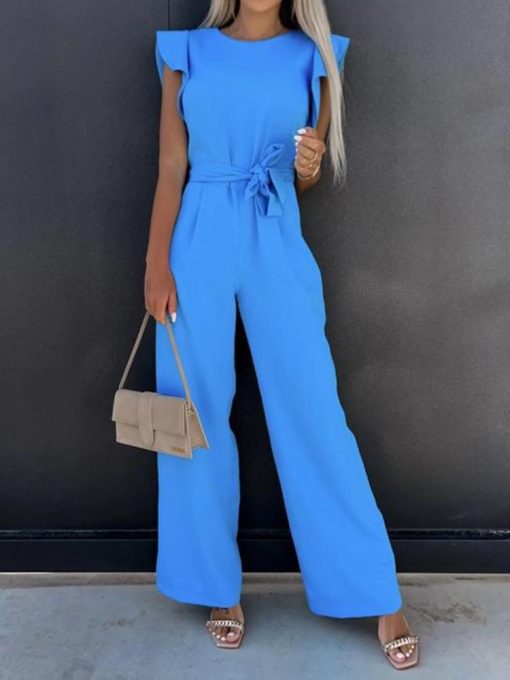 Summer Fashion Waist Lace-up Casual JumpsuitsSwimwearsvariantimage1Summer-Fashion-Waist-Lace-up-Party-Wide-Leg-Pant-Women-Elegant-Solid-Ruffle-Sleeve-Jumpsuit-Casual