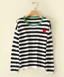 Women’s Heart O-Neck Pullover Stripe TopsTopsvariantimage1with-eyes-Women-pure-cotton-Sweater-Heart-O-Neck-Pullover-stripe-with-heart-Embroidery-Long