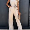 Summer Fashion Waist Lace-up Casual JumpsuitsSwimwearsvariantimage2Summer-Fashion-Waist-Lace-up-Party-Wide-Leg-Pant-Women-Elegant-Solid-Ruffle-Sleeve-Jumpsuit-Casual