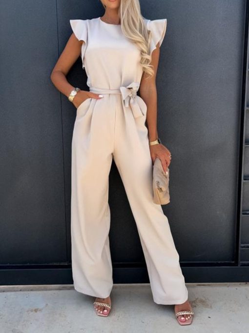 Summer Fashion Waist Lace-up Casual JumpsuitsSwimwearsvariantimage2Summer-Fashion-Waist-Lace-up-Party-Wide-Leg-Pant-Women-Elegant-Solid-Ruffle-Sleeve-Jumpsuit-Casual