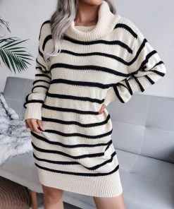 New Fall Winter Casual Turtleneck Striped Sweater DressTopsvariantimage2Women-2022-New-Fall-Winter-Casual-Turtleneck-Striped-Knit-Dress-For-Ladies-Fashion-Long-Sleeve-Loose