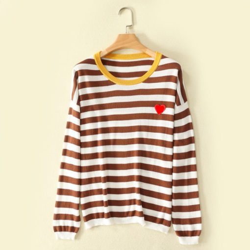 Women’s Heart O-Neck Pullover Stripe TopsTopsvariantimage2with-eyes-Women-pure-cotton-Sweater-Heart-O-Neck-Pullover-stripe-with-heart-Embroidery-Long