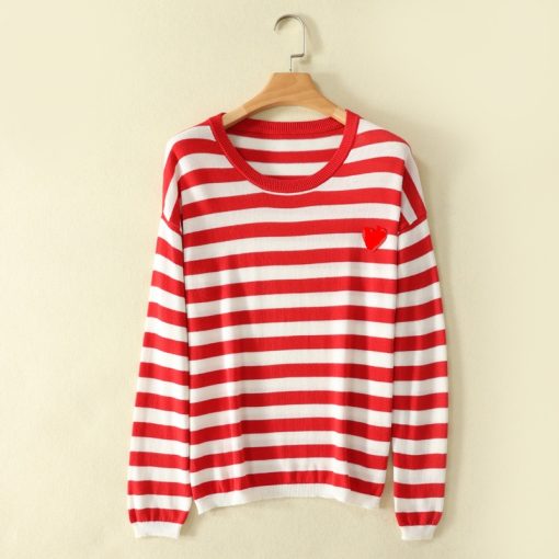 Women’s Heart O-Neck Pullover Stripe TopsTopsvariantimage3with-eyes-Women-pure-cotton-Sweater-Heart-O-Neck-Pullover-stripe-with-heart-Embroidery-Long