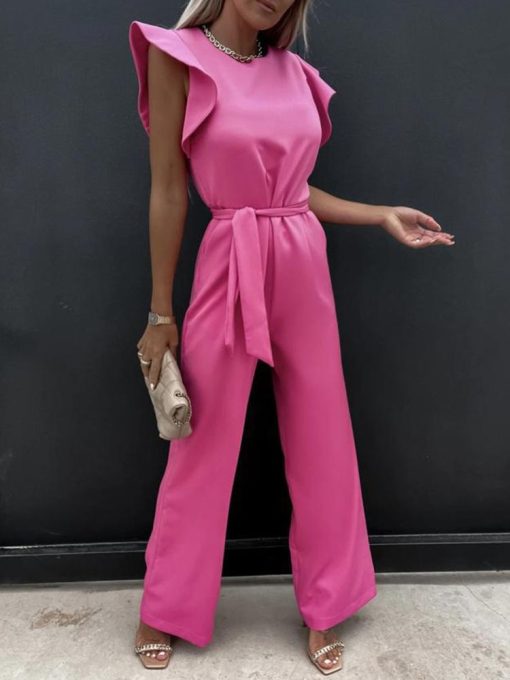 Summer Fashion Waist Lace-up Casual JumpsuitsSwimwearsvariantimage4Summer-Fashion-Waist-Lace-up-Party-Wide-Leg-Pant-Women-Elegant-Solid-Ruffle-Sleeve-Jumpsuit-Casual