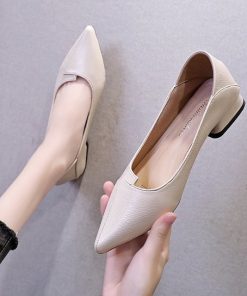 Women Leather Pumps Shoes Office Lady Med Square Heel Pointy Toe Slip On Work Shoes Classic Heel 4 cm