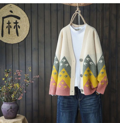 Women’s Color Matching Knitted Cardigan SweatersTopsColor-Matching-Knitted-Cardigan-Women-s-Korean-Sweater-Coat-Long-Button-Popular-Retro-All-match-Chic.jpeg_640x640