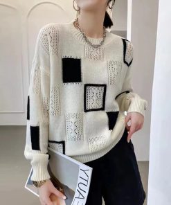 Autumn Winter New Color-block Plaid Knitted Pullover SweatersTopsFashion-Tops-2022-Women-Oversized-Sweater-Autumn-Winter-New-Colorblock-Plaid-Knitted-Pullovers-Round-Neck-Retro.jpg_Q90.jpg_-1