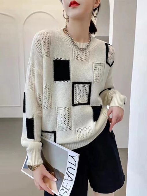 Autumn Winter New Color-block Plaid Knitted Pullover SweatersTopsFashion-Tops-2022-Women-Oversized-Sweater-Autumn-Winter-New-Colorblock-Plaid-Knitted-Pullovers-Round-Neck-Retro.jpg_Q90.jpg_-1