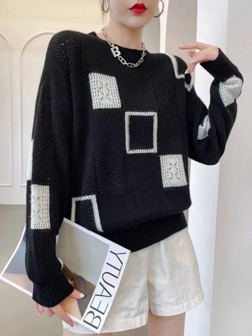 Autumn Winter New Color-block Plaid Knitted Pullover SweatersTopsFashion-Tops-2022-Women-Oversized-Sweater-Autumn-Winter-New-Colorblock-Plaid-Knitted-Pullovers-Round-Neck-Retro.jpg_Q90.jpg_