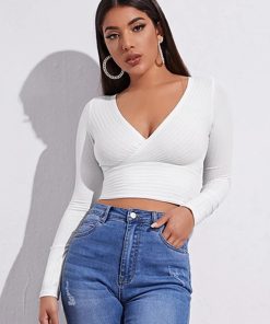 Women’s Casual Solid Long Sleeve Crop TopsTopsWomen-Casual-Solid-Long-Sleeve-Crop-T-shirt-Fashion-V-Collar-Bare-Midriff-Stretch-Tops-Ribbed.jpg_Q90.jpg_