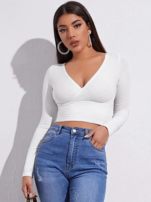Women’s Casual Solid Long Sleeve Crop TopsTopsWomen-Casual-Solid-Long-Sleeve-Crop-T-shirt-Fashion-V-Collar-Bare-Midriff-Stretch-Tops-Ribbed.jpg_Q90.jpg_