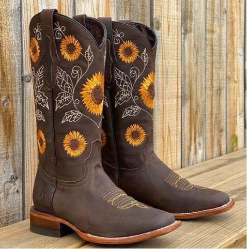 Women’s Ankle British Style Sunflower Print Long BootsBootsWomen-Shoes-Mid-calf-Boots-Sunflower-Printed-Boots-Thick-Heel-Leather-Cowboy-Boots-Plus-35-43.jpg_640x640-1