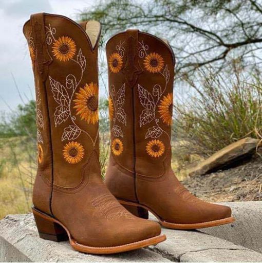 Women’s Ankle British Style Sunflower Print Long BootsBootsWomen-Shoes-Mid-calf-Boots-Sunflower-Printed-Boots-Thick-Heel-Leather-Cowboy-Boots-Plus-35-43.jpg_640x640