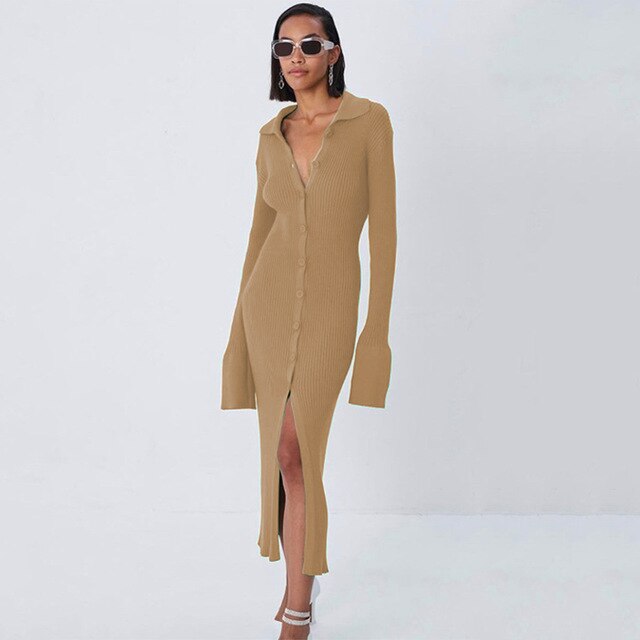 Women’s Knitted Long Sleeve Button Sweater Maxi Dress – Miggon