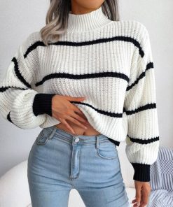 New Fall Winter Casual Striped Lantern Sleeve Turtleneck SweatersTopsmainimage02022-New-Women-Fall-Winter-Casual-Striped-Lantern-Sleeve-Turtleneck-Knit-Sweater-For-Ladies-Loose-Fashion