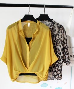 Two Piece Set Leopard Chiffon Shirts Summer Half Sleeve Loose V-Neck Women Casual Blouse Sexy Casual Striped Tops
