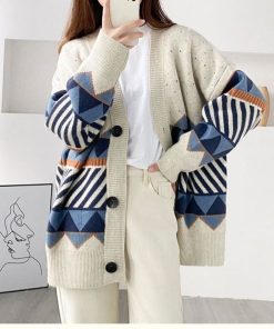 Jacquard Knitted Cardigan Lazy Style Loose SweatersTopsmainimage02022-jacquard-knitted-cardigan-lazy-style-loose-outer-jacket-V-Neck-Jumper-Button-Up-All-Match