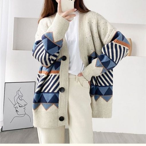 Jacquard Knitted Cardigan Lazy Style Loose SweatersTopsmainimage02022-jacquard-knitted-cardigan-lazy-style-loose-outer-jacket-V-Neck-Jumper-Button-Up-All-Match