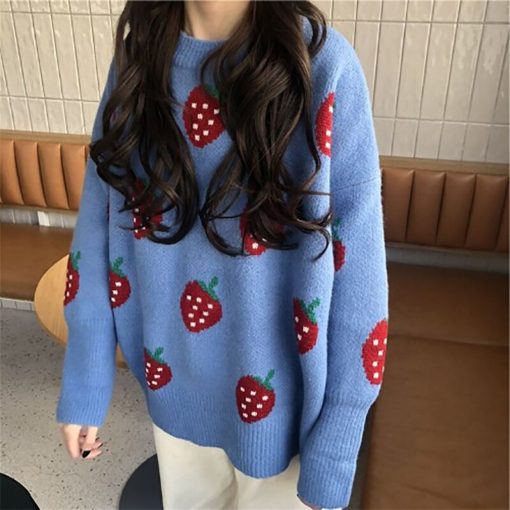 Winter Pullover O-neck Strawberry Pattern Printed SweatersTopsmainimage0Anbenser-Women-Oversized-Sweater-Winter-Pullovers-O-neck-Strawberry-Pattern-Printed-Pull-Jumpers-Long-Sleeve-Street