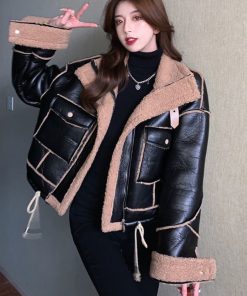 Korean Lamb Fur Loose Short Padded Leather Tooling JacketTopsmainimage0Korean-Lamb-Fur-Loose-Short-Padded-PU-Leather-Tooling-Cotton-Jacket-Female-Warm-Parkas-Black-Women