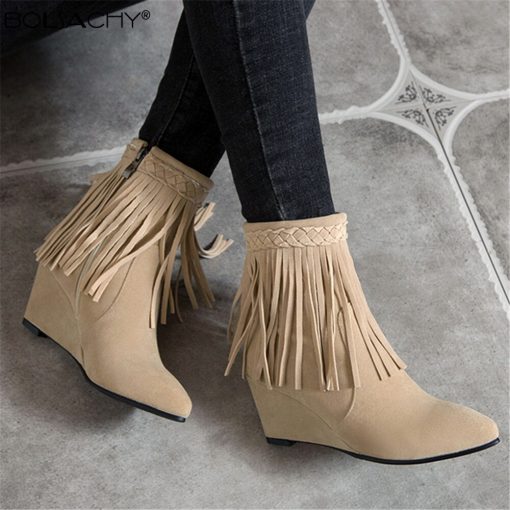 Women’s  Platform High Heel Fringe Ankle BootsBootsmainimage0Pointed-Toe-Wedges-Booties-Winter-Women-Ankle-Boots-Footwear-Platform-High-Heels-Fringe-Shoes-Woman-Bota