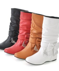 Sexy Fashion Women boots Spring Autumn Bowtie Charms Flats Boots Shoes Woman Mid-calf red black White Shoes Boots Large Size