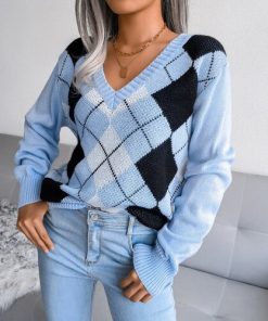 Women’s New Autumn Winter Causal V Neck SweatersTopsmainimage0Women-2022-New-Autumn-Winter-Causal-V-Neck-Long-Sleeve-Diamond-Knit-Sweater-For-Ladies-Fashion