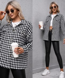 Women’s Spring Autumn Houndstooth Shirt JacketTopsmainimage0Women-Spring-Autumn-Houndstooth-Shirt-Jacket-Loose-Button-Long-Sleeve-Coat-Elegant-Black-Suits-Woman-Clothing