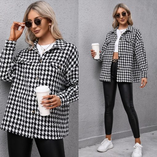 Women’s Spring Autumn Houndstooth Shirt JacketTopsmainimage0Women-Spring-Autumn-Houndstooth-Shirt-Jacket-Loose-Button-Long-Sleeve-Coat-Elegant-Black-Suits-Woman-Clothing