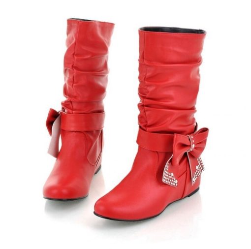 Sexy Fashion Women boots Spring Autumn Bowtie Charms Flats Boots Shoes Woman Mid-calf red black White Shoes Boots Large Size
