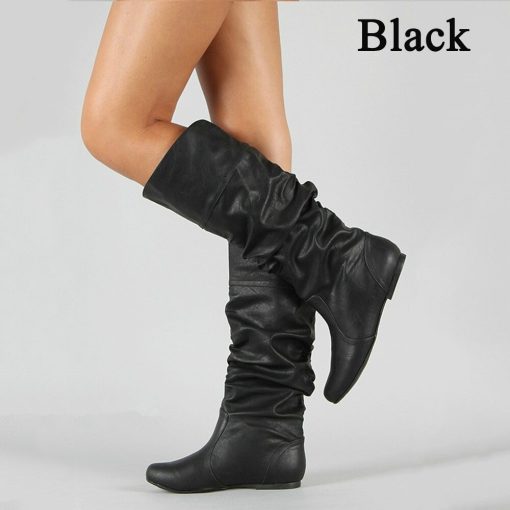 Women Leather Mid Calf Boots Casual Slip on Autumn Winter Wedge Long Boots Fashion Pleated Round Toe Black High Boots Female New