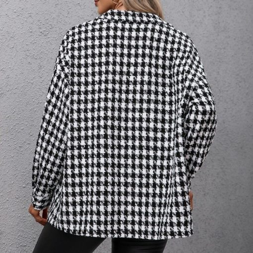 Women’s Spring Autumn Houndstooth Shirt JacketTopsmainimage1Women-Spring-Autumn-Houndstooth-Shirt-Jacket-Loose-Button-Long-Sleeve-Coat-Elegant-Black-Suits-Woman-Clothing