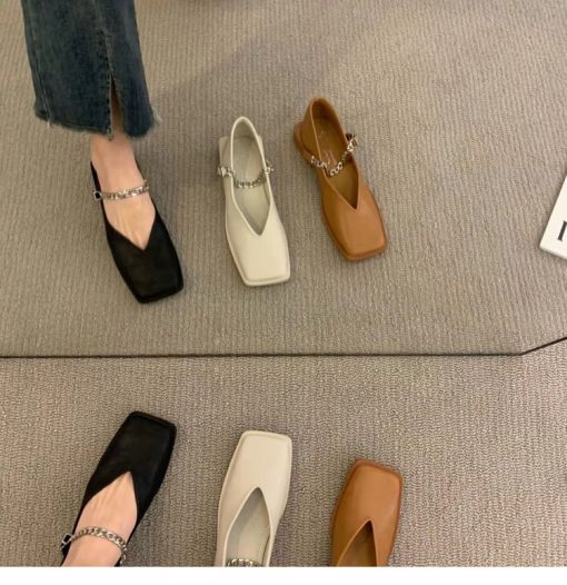 Deformed Heel Autumn Luxury Chain Square Head Shallow Flat Shoes Women's Lazy Loafer Casual Flat Square Heels