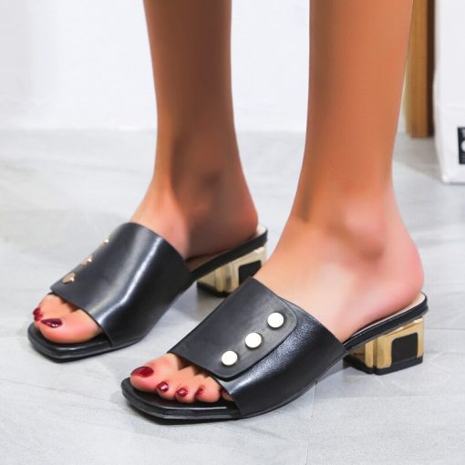 2022 Summer New Chunky Slippers Mid Heels Women Shoes Pumps Open-toe Flip Flops Fashion Dress Sandals Designer Pu Leather Slides