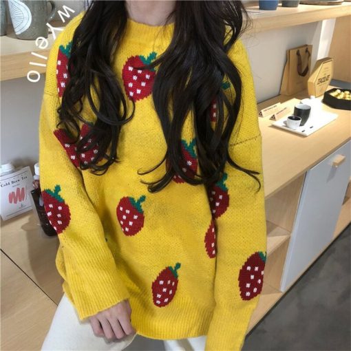 Winter Pullover O-neck Strawberry Pattern Printed SweatersTopsmainimage2Anbenser-Women-Oversized-Sweater-Winter-Pullovers-O-neck-Strawberry-Pattern-Printed-Pull-Jumpers-Long-Sleeve-Street
