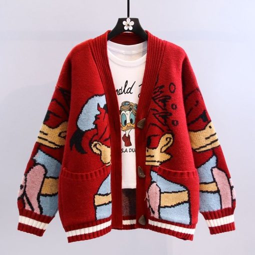 Disney Japanese Cartoon Print Cardigan SweatersTopsmainimage2Disney-Japanese-cartoon-sweater-coat-women-autumn-winter-2022-new-lazy-wind-loose-versatile-thickened-knitted